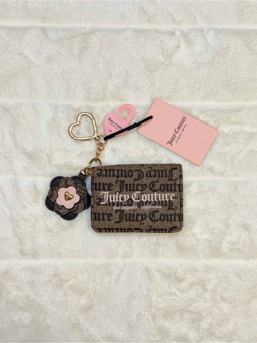 Juicy Couture Brown Logo Card Holder Keychain with Pink Flower Charm
